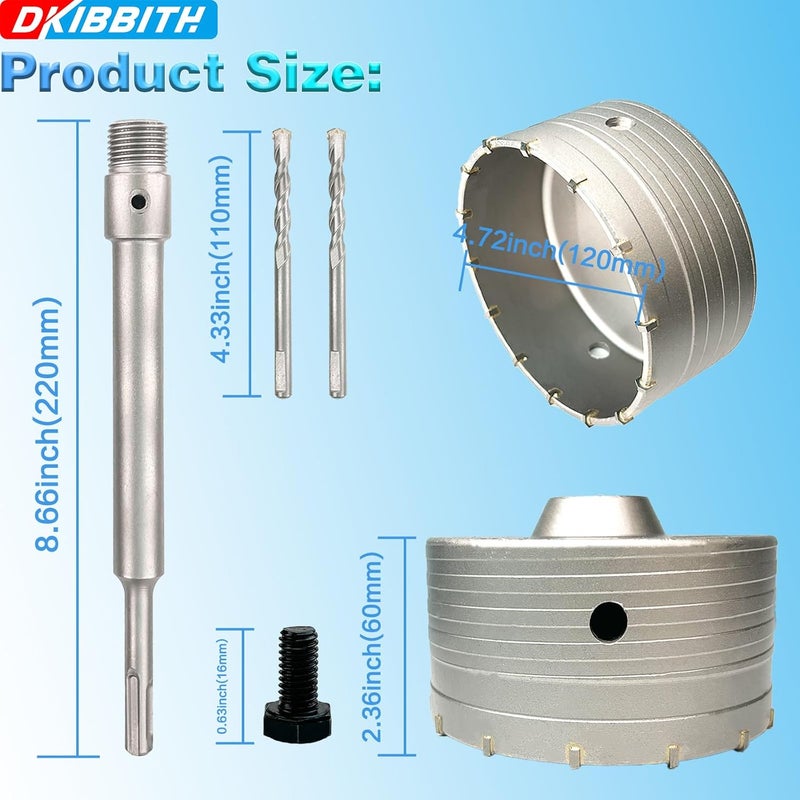 DKIBBITH 4-3/4" Concrete Hole Saw, 120mm Tungsten Steel Core Bit for Cinder Block, Brick, Rock, Plank Walls for Pipes or mini Split Lines, with SDS Plus Shank and 2 Center Positioning Drill Bits. - Image 2